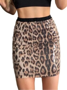 FOREVER 21 LEOPARD SEQUIN SKIRT - BLACK/TAN MULTI SIZES (NEW WITH TAGS) A20
